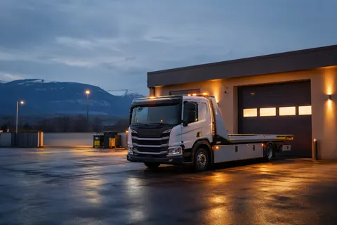 Base SkyRoute Auto à Annemasse : dépanneuse devant le dépôt au crépuscule — contact dépannage remorquage 74