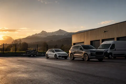 Catalogue véhicules remorquables : moto, voiture, SUV et fourgon devant un dépôt en Haute-Savoie — SkyRoute Auto