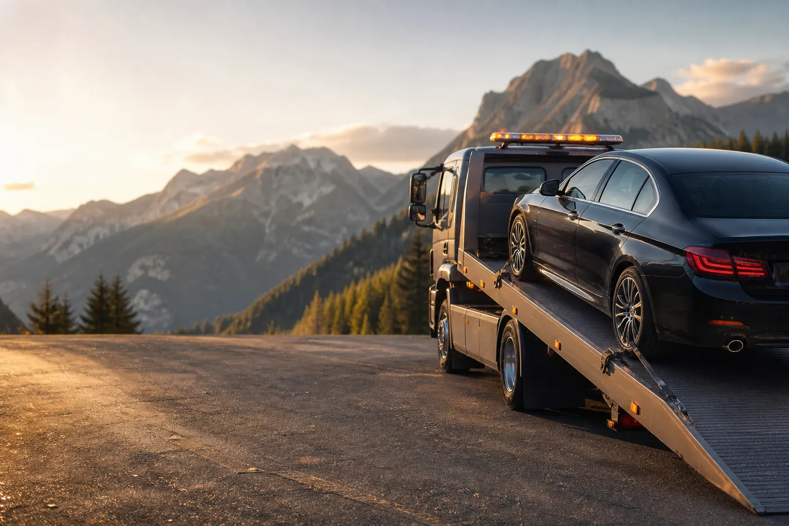 Dépanneuse remorquant une voiture sur route de montagne en Haute-Savoie au coucher du soleil — SkyRoute Auto dépannage et remorquage 74