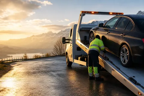 Dépanneuse chargeant une voiture sur route de montagne en Haute-Savoie au coucher du soleil — intervention SkyRoute Auto