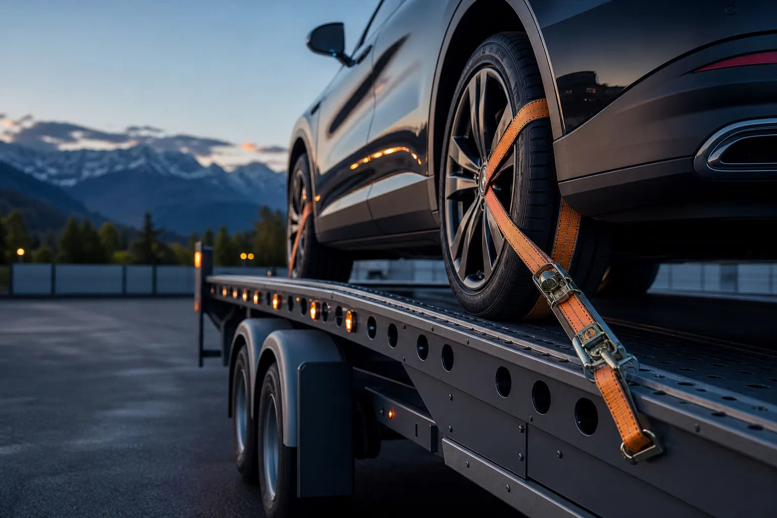 Remorque porte-voitures homologuée avec sanglage sécurisé pour transport SUV — équipement professionnel SkyRoute Auto