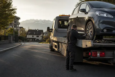 Remorquage voiture à Annemasse : technicien sanglant un véhicule sur dépanneuse plateau — services SkyRoute Auto