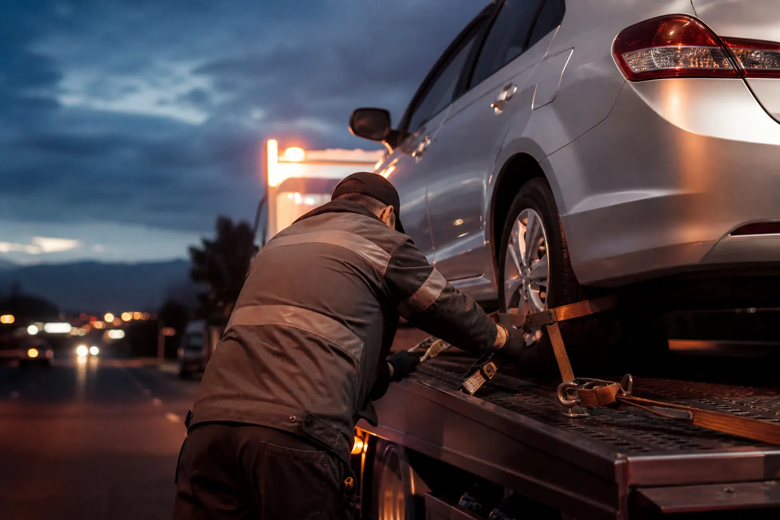 Technicien effectuant le sanglage sécurisé d’une voiture sur dépanneuse dans le Genevois — remorquage professionnel SkyRoute Auto